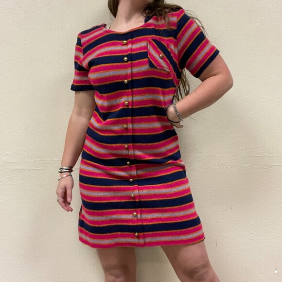 Vintage 70s Handmade Striped Mod Knit Sweater Shift Dress | Size M/L - Picture 3 of 12